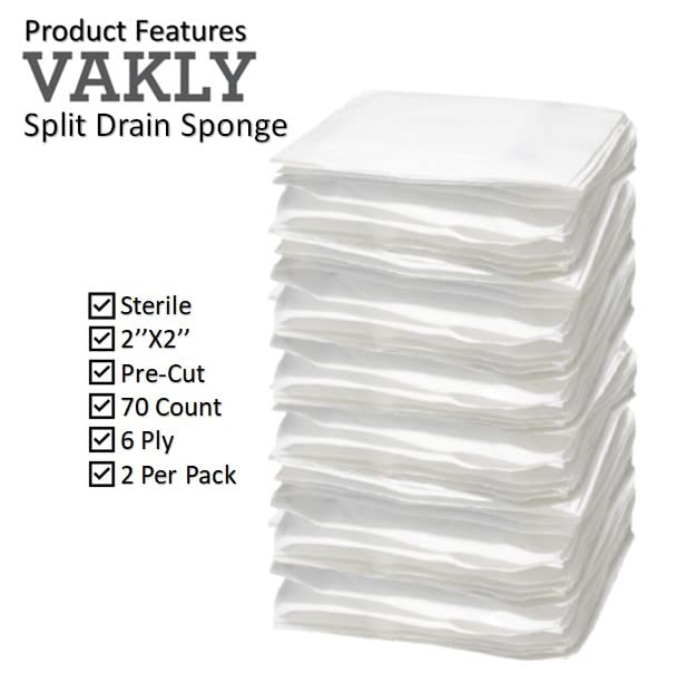 Vakly Split Drain Sponge Gauze 2x2 Sterile 6 Ply Pads [Pack of 70] Absorbent Precut 2"X2" Non-Woven Slit Bandage for I.V. Tracheostomy - 35 Packs of 2 Pre Cut Bandages + 1 Roll of Medical Tape