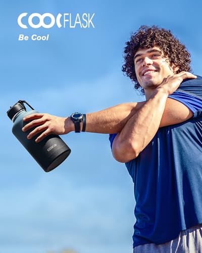 Half Gallon Water Bottle Insulated with Straw & 3 Lids, Coolflask 64 oz Water Jug Large Metal Stainless Steel Wide Mouth f...