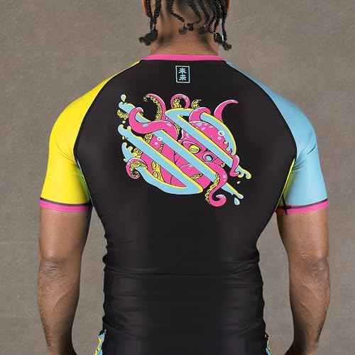 Sanabul Ronin Short Sleeve Jiu Jitsu MMA Training BJJ Rash Guard - Octochoke BLU/YEL/BLK, X-Large