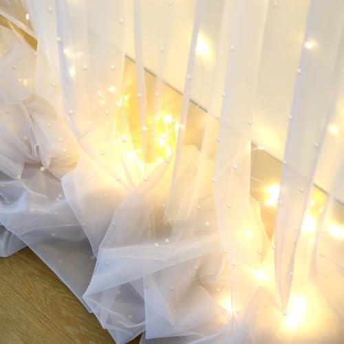 GUANSEN 10 x 10 FT Pearl White Tulle Backdrop Curtain with Lights Strings,Wedding Background Curtain Baby Shower Birthday ...