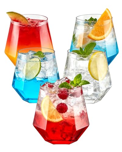 BESTSTAR 40 PCS Clear 12 Oz Plastic Wine Whiskey Glasses, Diamond Stemless Unbreakable Disposable Wine Glasses for Partie...