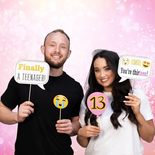 13th Birthday Photo Booth Props - 41-pc Photo Prop Kit with 8 x 10-Inch Sign, 60 Adhesive Pads, 45 Sticks - Teen Girl Phot...
