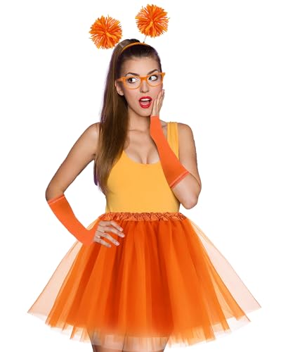 QLINLEAF Orange and Yellowe Tutu Costume Pom Pom Headband Mustache and Eyebrows Orange Furry Character Costume Set for Hal...