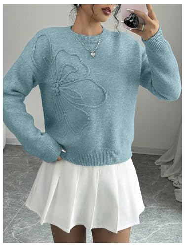 RoseSeek Women's 3D Floral Appliques Crewneck Sweaters Long Sleeve Drop Shoulder Pullovers Elegant Knit Tops