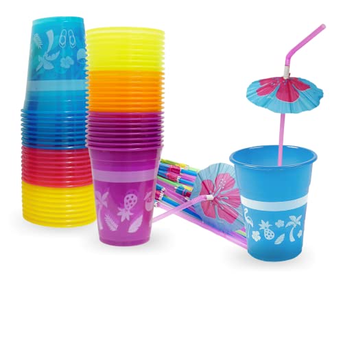 4E's Novelty 48 Packs Tropical Party Cups with Parasol Straws - Disposable Plastic Cups 16oz BPA free, for Hawaiian Luau P...