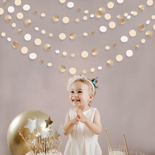 Champagne Gold Party Decorations Circle Dots Garland Gold Neutral Nude Neutral Cream Beige Boho Hanging Polka Dot Streamer...