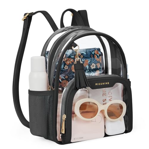 Missnine Small Clear Backpack Stadium Approved, Thick PVC Mini Clear Bag with Leather Trim for Sports Event, Concert, Fest...