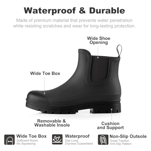 planone Women’s Waterproof Short Rain Boots Durable Comfort-Focused Chelsea Ankle Rubber Boots Non Slip Everyday Outdoor G...