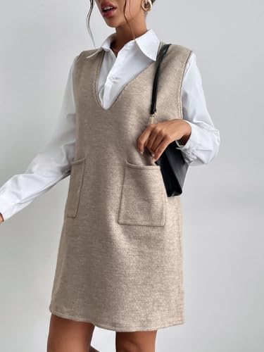 OYOANGLE Women's V Neck Sleeveless Knitted Solid Short Sweater Dress with Pockets