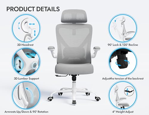 Ergonomic Office Chair: White Computer Desk Chair Comfy Gaming Chair for Adults - Office Chair with Lumbar Support & Headr...