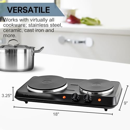 OVENTE Electric Countertop Double Burner, 1700W Cooktop with 7.25" and 6.10" Cast Iron Hot Plates, Temperature Control, Po...