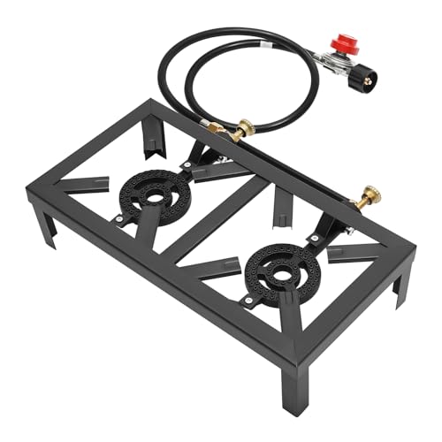PROYONGOO Double Propane Burner Camping Stove, 18.90" X 9.84" X 4.53" Gas Stove with Regulator Hose, Portable Gas Burner f...
