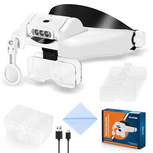 YOCTOSUN LED Headband Magnifier, Rechargeable Illuminated Magnifying Visor -1X to 14X Zoom, Hands Free Head Mounted Magnif...