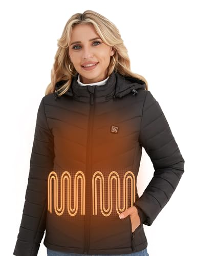 Vestego Heated Jackets for Women, Heated Jacket with 12V 20000mAh Battery Pack, 6 Heating Zones, Black