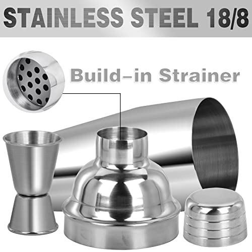 Large 24oz Cocktail Shaker Set, Stainless Steel 18/8 Martini Mixer Shaker with Built-in Strainer, Measuring Jigger & Mixin...