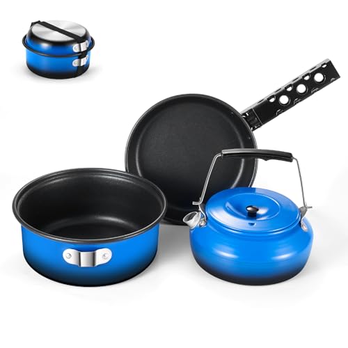 Odoland 5pcs Camping Cookware Non-Stick Camping Pot and Pan Set with Kettle and Removable Handle for Hiking Backpacking an...