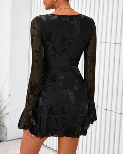 BTFBM Women Floral Wedding Guest Dress Spring 2026 Casual Long Sleeve Crew Neck Flowy Party Cocktail Mini Dresses