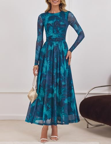 ZESICA Women's Maxi Dress 2026 Spring Long Sleeve Crewneck Floral Print Mesh Ruched Party Wedding Guest Dresses