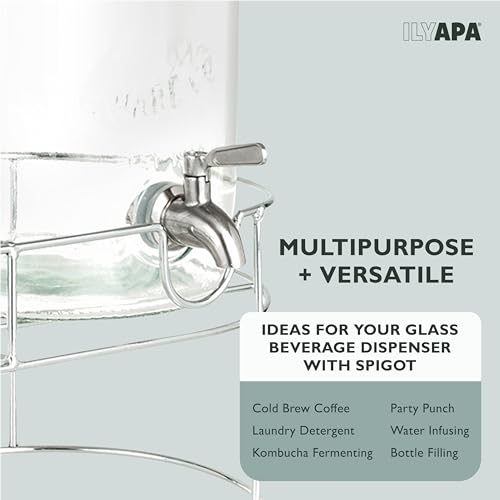 Ilyapa 2 pack 2 Gallon Glass Beverage Dispenser with Stand- Wide Mouth Mason Jar Drink Dispensers with Spigot - Leak Proof...
