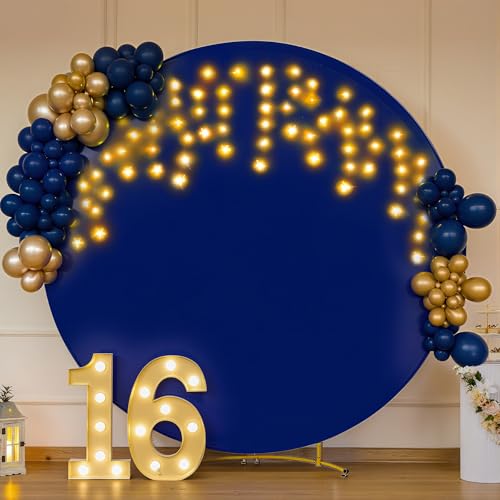 7.2 FT Navy Blue Round Backdrop Cover with Lights String for Circle Arch Stand Circle Backdrop Covers with LED Fairy Light...