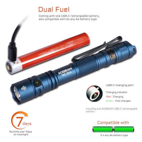 ACEBEAM TAC 2AA EDC Tactical Dual Modes Flashlight Rechargeable, 1400 High Lumens Flashlight, Dual Switch Pocket LED Flash...
