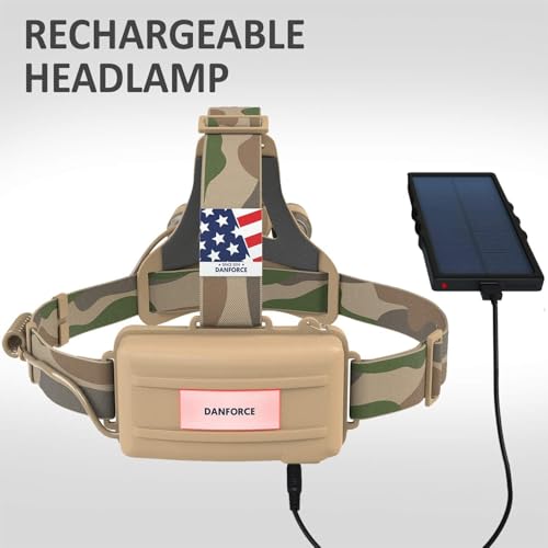 DanForce Camouflaged Headlamp Ultra Bright USB Rechargeable Head lamp. Tactical Head Flashlight Designed Especially for Hu...