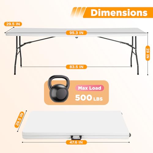 FDW 8FT Folding Table, Portable Fold-in-Half Plastic Picnic Party Table with Carrying Handle (White, 8FT)