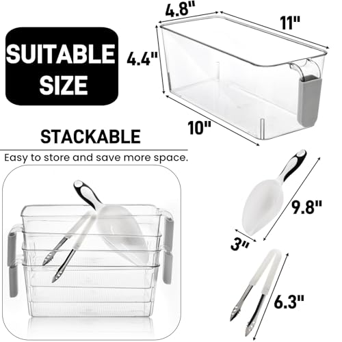 Pumtus 4 Pack Clear Ice Bins for Freezer, Plastic Ice Bucket with Flexible Scoop & Ice Tong, Pull Out Handle Ice Containe...