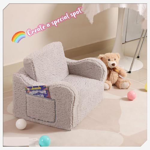 MOMCAYWEX Kids Sofa, 2-in-1 Flip-Out Foam Couch with Soft Sherpa Cover, Cozy Play Lounge Chair, Grey