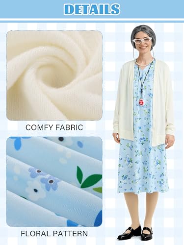SOMSOC 8 Pieces Women Old Lady Costume Grandma Dress Cardigan with Wig Glasses Cane for 100 Days of School Cosplay