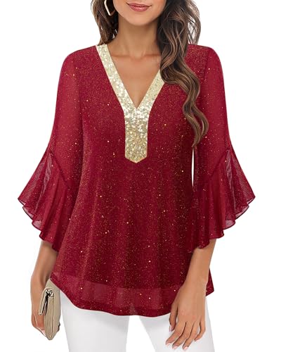 Timeson Women's Ruffle 3/4 Sleeve Sparkly Tops Sequin V Neck Blouses Dressy Fall Shirts