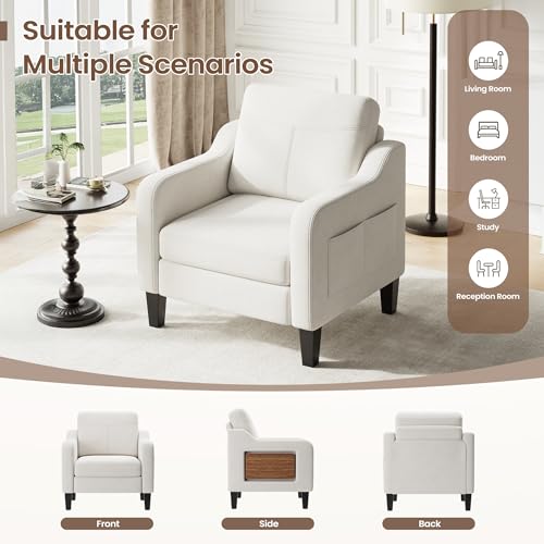 Accent Chair for Living Room Modern Linen Upholstered Armchair Side Wooden Fabric Sofa Chair with Foldable Table 2 Side Po...