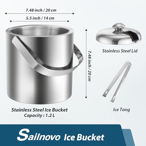 Sailnovo Ice Bucket, Double-Wall Stainless Steel Insulated Ice Buckets with Lid and Ice Tong, Ideal for Cocktail Bar, Part...