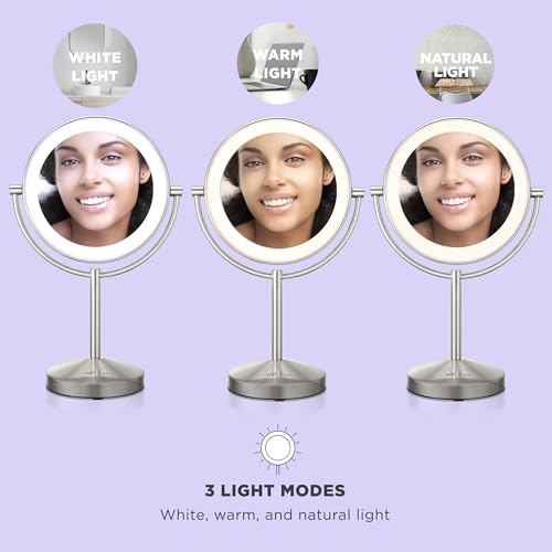 Conair Lighted Makeup Mirror, Double-Sided LED Vanity Mirror with 1X/10X Magnification, 3 Light Settings, 3 Modes, 360¡Æ Rotation, Satin Nickel Finish
