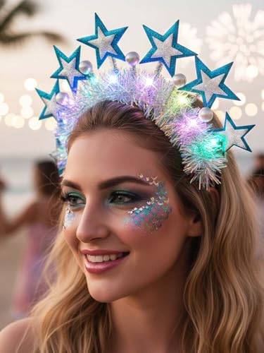 Lorealri Light Up Star Crown Headband, Blue and Silver Glitter Stars, LED Rave Party Costume Headwear Accessory for Women