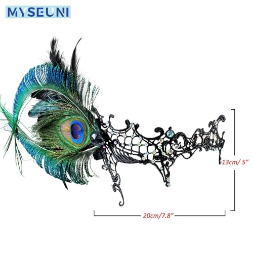 MYSEUNI Feather Lace Mask for Women - Half Face Masquerade Mask for Glasses- Phantom Masks for Halloween, Venetian Party, ...