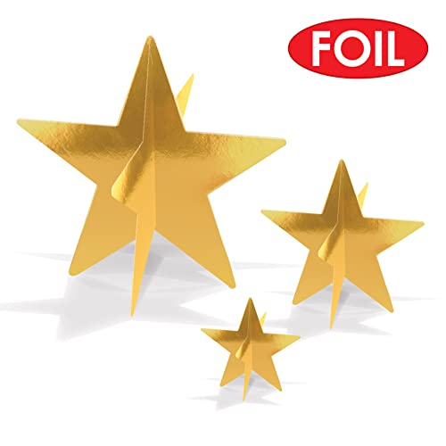 Beistle Gold 3-D Foil Star Centerpieces, 9-Count – Metallic Starry Table Decorations in 3 Sizes for New Year’s Eve, Awards...