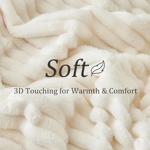 BEDELITE Fleece Throw Blanket for Couch - 300GSM Soft & Warm Fluffy Cream White Blanket, Decorative and Giftable Striped B...