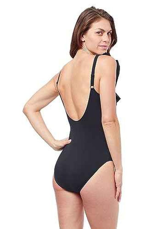 Profile by Gottex Womens Tutti Recycled Square Neck Ruffle One Piece Swimsuit, Black, 14 US