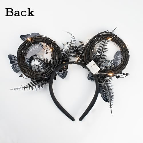 JIAHANG LED Flashing Black Mouse Ear Headband with Butterflies, Light Up Woodland Elf Fairy Headwear for Women Girls