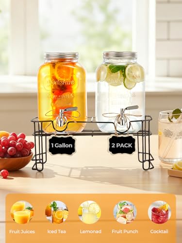 Drink Dispensers for Parties 1 Gallon, 2-PACK Glass Beverage Dispenser with Leakproof Stainless Steel Spigot, Stand, Ice C...