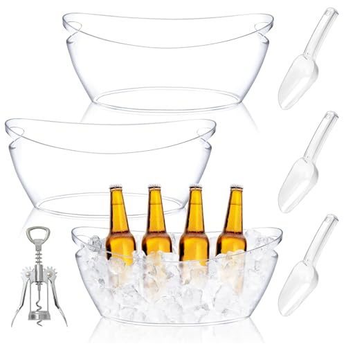 JarThenaAMCS 3Pcs 6L Clear Ice Buckets with 3Pcs Scoops & Metal Wine Bottle Opener Large Plastic Ice Bucket Bowl Champagne...