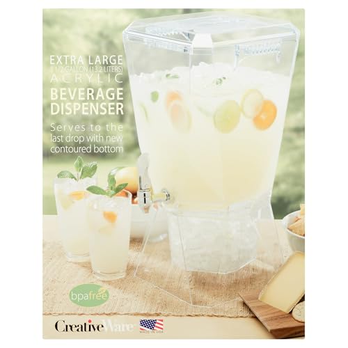 CreativeWare Crown Beverage Dispenser with Base and Name Clip, 3.5 gallon, Clear