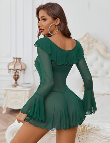 Avidlove Sexy Lingerie Babydoll Rave Ruffle Dress Off Shoulder Long Sleeve Nightgowns Outfits For Women S-XXL