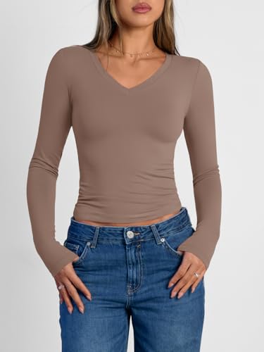 Trendy Queen Long Sleeve Shirts for Women 2026 Fall Fashion V Neck Basics Crop Tops Slim Fitted Y2K Tops Outfits Clothes