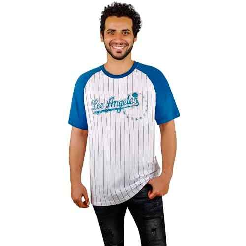 Mens City Baseball Fans Vintage Sporty Pinstripe Crew Neck Tee Shirts - Navy & Red