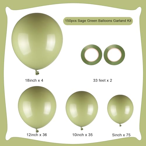 150pcs Sage Green Balloons Different Sizes Pack, 18 12 10 5 Inch Party Balloon Garland Arch Kit for Birthday Dinosaur Baby...