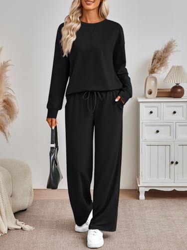 AUTOMET Womens Sweatsuits 2 Piece Sets Travel Outfits 2026 Fall Matching Lounge Set Oversized Sweatshirt Wide Leg Pants