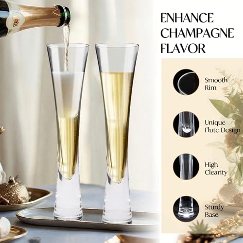 Yaschmo Champagne Flutes Set of 4, Hand Blown Crystal Champagne Glasses, Modern Unique Design, Lead-Free Prosecco Glasses,...