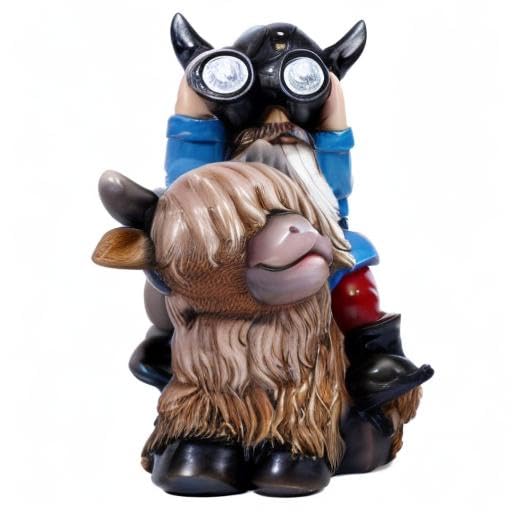 Joint Honglin Garden Gnome Statues Resin Gnome Sitting on Highland Cow Solar LED Lights Outdoor Telescope Gnome Decorations